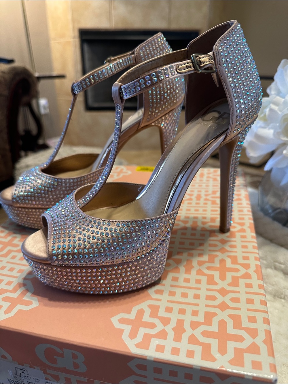 Giani Bini Rose Gold Crystal T-Strap Platform Stiletto Heels